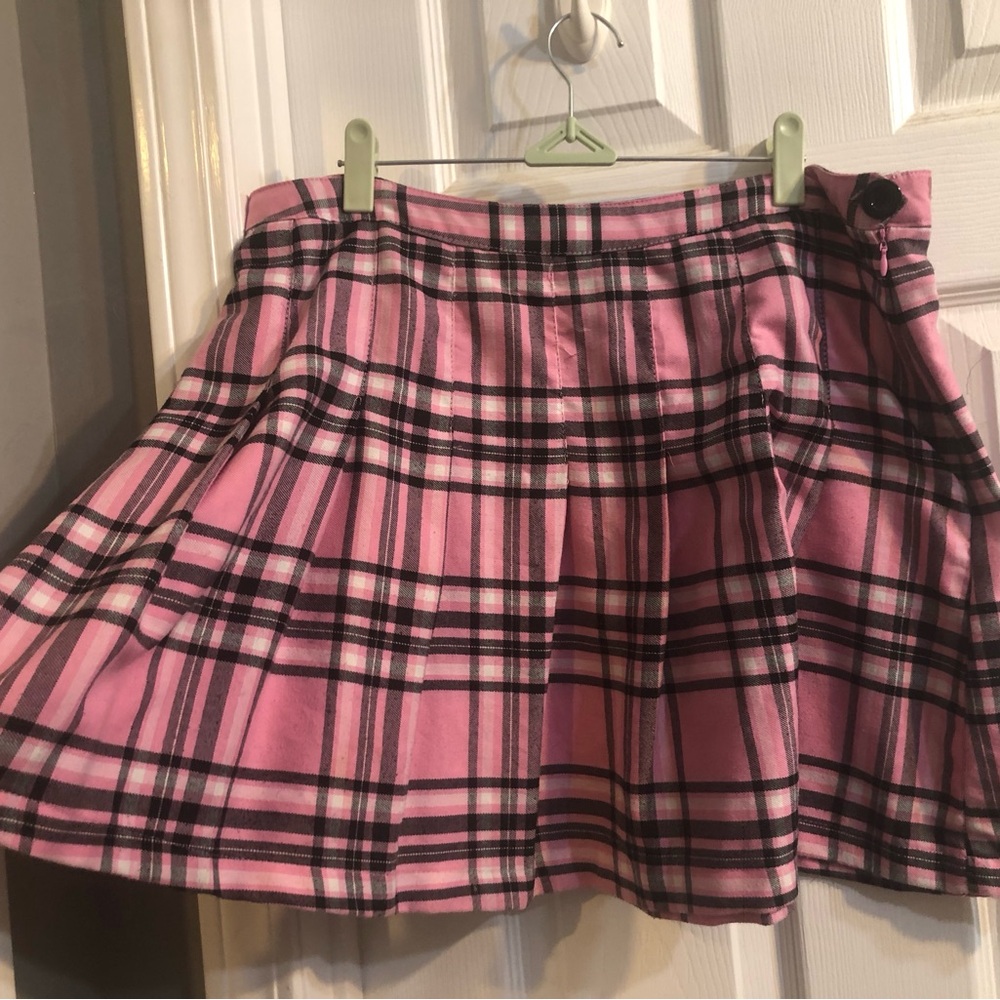 Pink Plaid Pleated Skater Mini Skirt